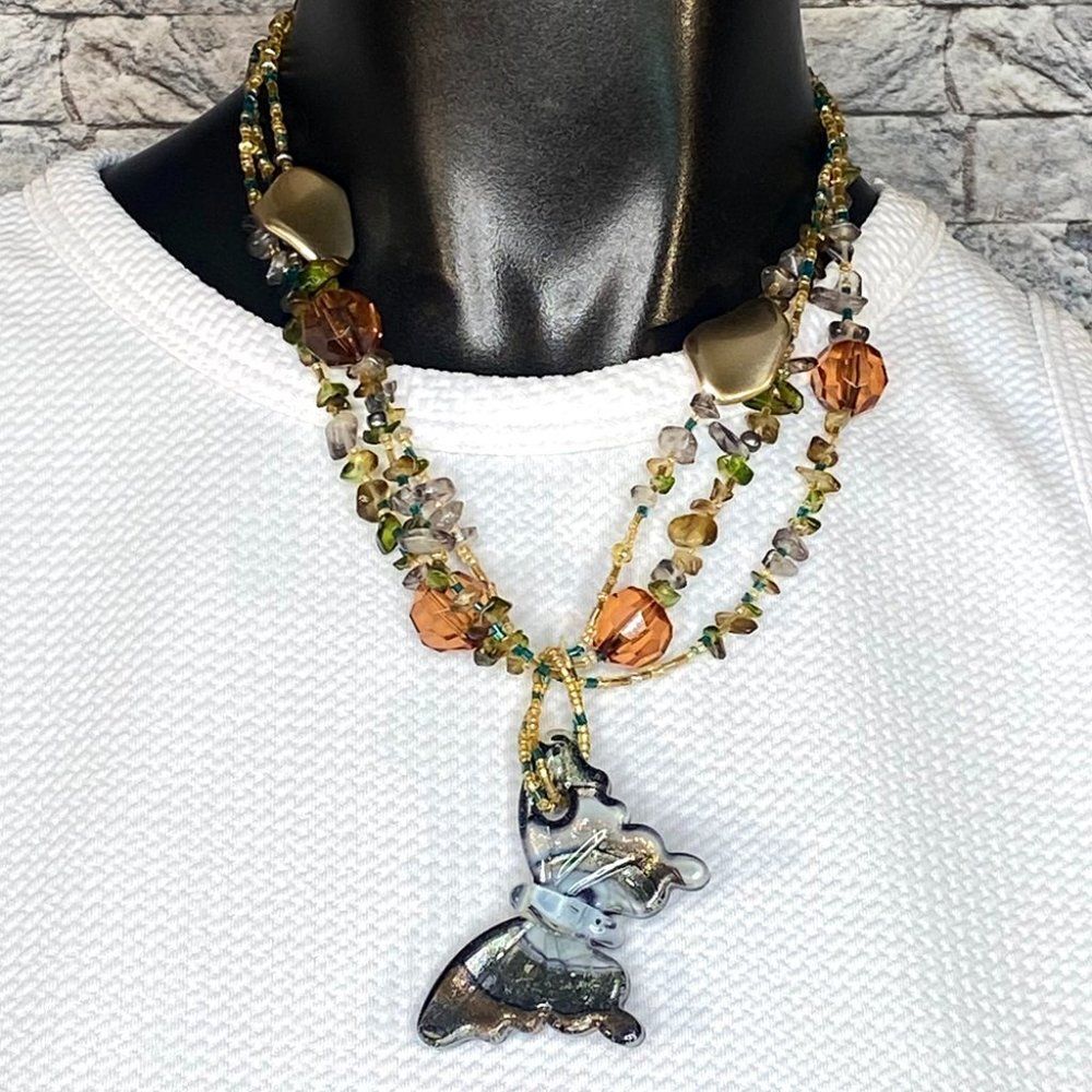 Beaded Butterfly Necklace Glass Boho Revival Beachy Jewelry Extender Chain